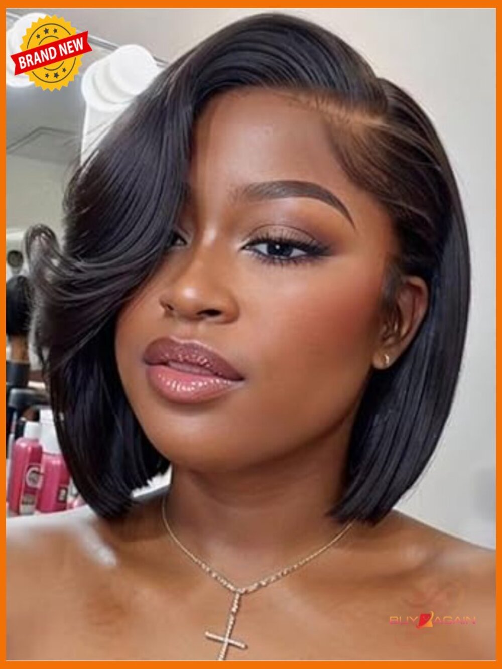 12 Inch Short Layered Bob Drawstring Wig Human Hair Side Swept Bangs Glueless